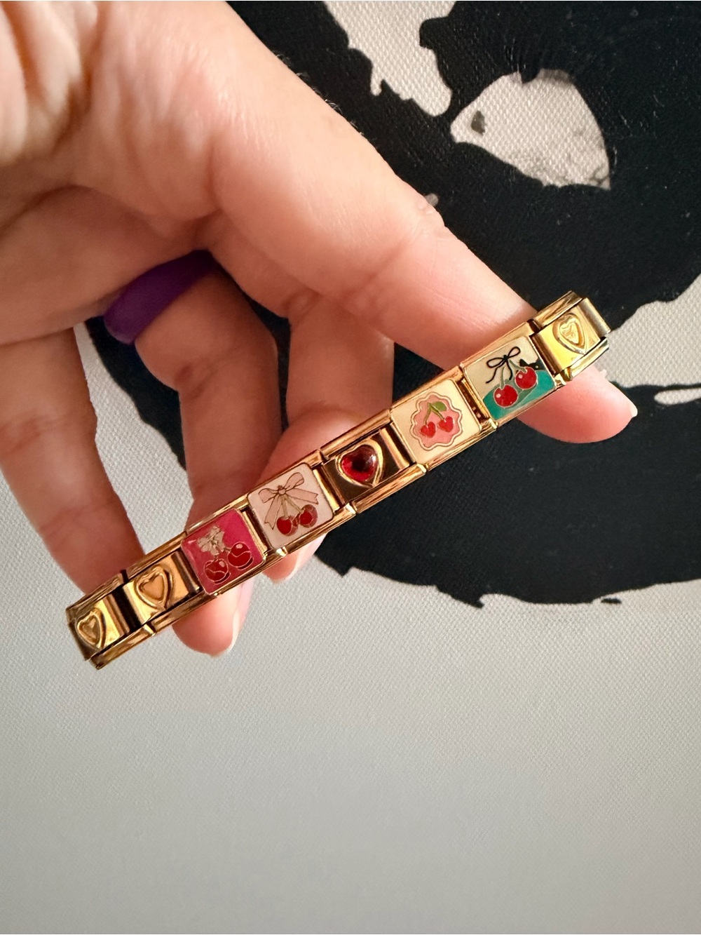 Cherry Hearts Italian Charm Bracelet | 18-Link Gold Tone | Red Gem Heart